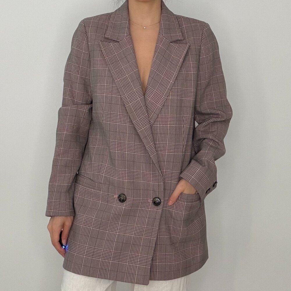 GANNI Hewitt Double-Breasted Pink Plaid Blazer S